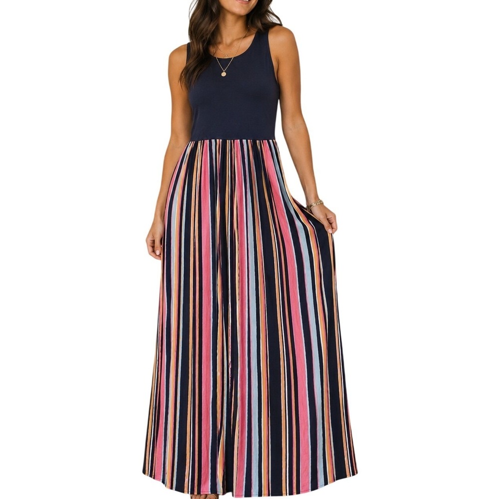 LOFT Navy Blue Striped Sleeveless Maxi Dress size Small Rainbow Colorful Casual